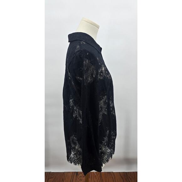 CAbi Style 3758 Black Sheer Lace Button-Front Blouse Floral Collared Top Size S - Picture 2 of 4